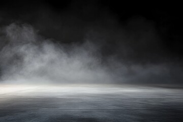 Abstract Dark Background with Smoke and Fog on Empty Concrete Floor, Ideal for Product Presentation or Mockup Template, High-Resolution Panoramic Banner Design