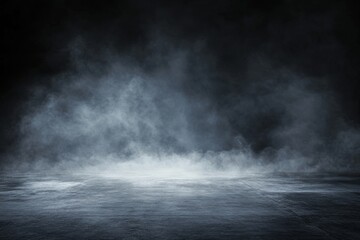 Abstract Dark Background with Smoke and Fog on Empty Concrete Floor, Ideal for Product Presentation or Mockup Template, High-Resolution Panoramic Banner Design