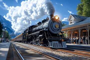 Fototapeta premium Steam train arriving at a small town station, depicted in an artwork where townspeople gather to greet the train, adding a warm, communal feel to the scene