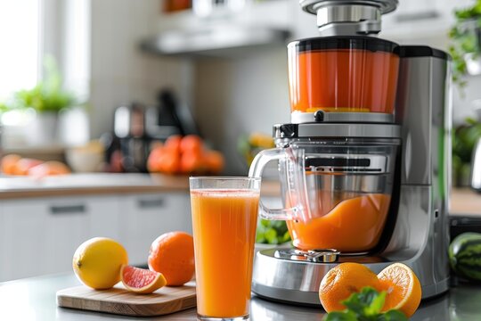 Contemporary juicer with citrus fruits and glass of juice on kitchen table