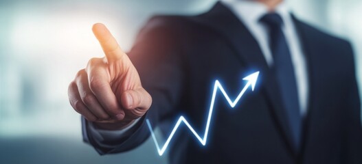 Businessman in a Suit Pointing at an Upward-Growing Chart on a Virtual Screen, Representing Stock Market Success and Financial Growth, Captured in a Hyper-Realistic Style with Bright and Soft Lighting