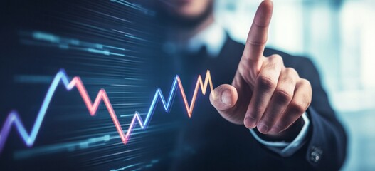 Businessman in a Suit Pointing at an Upward-Growing Chart on a Virtual Screen, Representing Stock Market Success and Financial Growth, Captured in a Hyper-Realistic Style with Bright and Soft Lighting