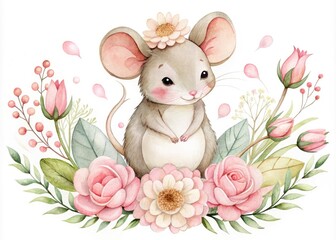 Fototapeta premium watercolor mouse clipart dreamy ethereal soft pink gentle soothing illustrations calming playful textures floral patterns whimsical fantasy