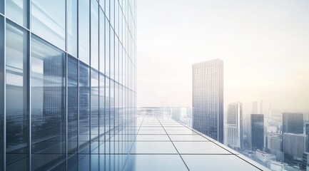 Naklejka premium Panoramic view of a modern office building with glass walls and contemporary architecture against a cityscape, featuring clear skies and soft lighting for a futuristic feel.