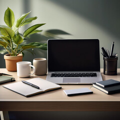 Desk Workspace- An image showcasing a neatly arranged desk with a laptop, notebook, pen