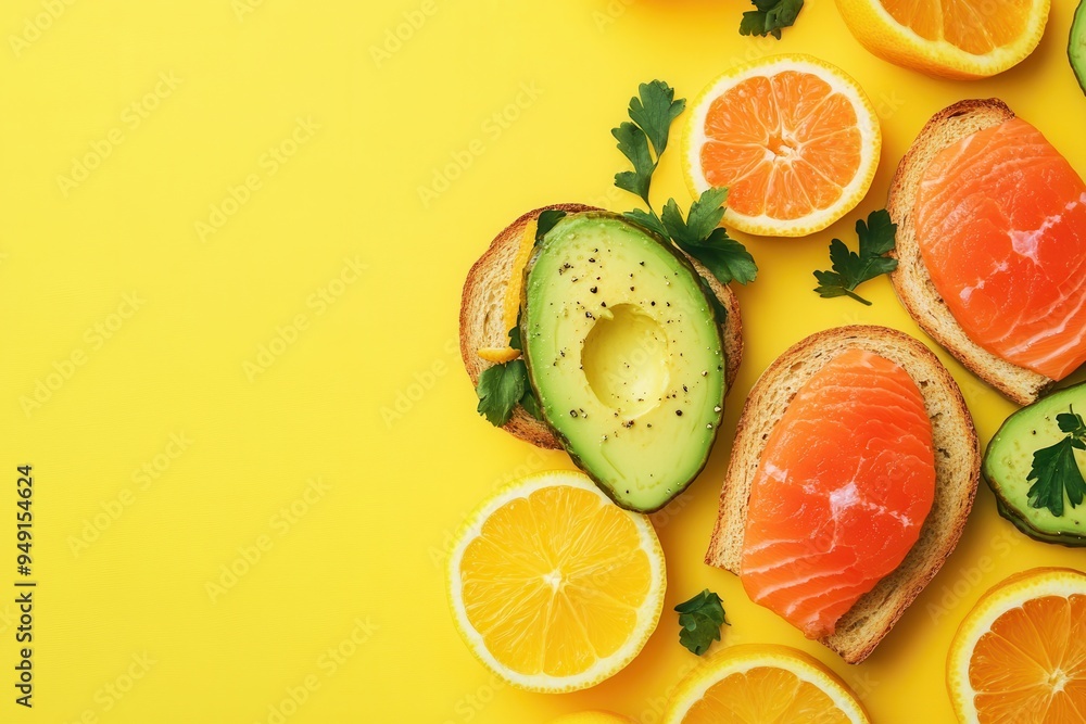 Poster a vibrant breakfast spread features creamy avocado toast topped with salmon, accompanied by fresh ci