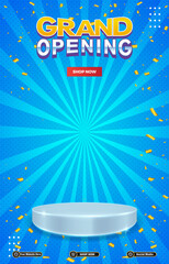 grand opening sale discount portait template banner with blank space 3d podium for social media post product sale with abstract gradient blue background design70