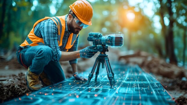 Engineers using advanced technology to measure and mark terrace boundaries, slight slope for water flow, holographic overlays, futuristic style