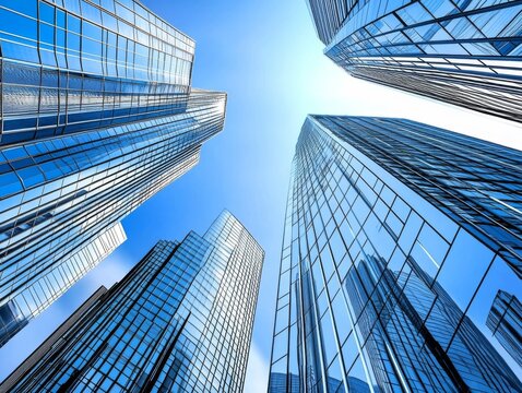 Ground-up perspective of modern skyscrapers with glass facades against a blue sky, showcasing a futuristic urban landscape with realistic shadows, reflections, and high-definition detail.