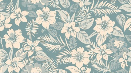 Seamless pattern of tropical flowers and leaves against a vibrant blue background, showcasing vivid colors and natural beauty,generative ai 
