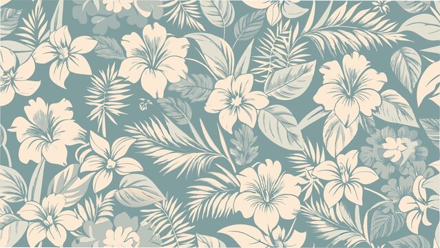 Seamless pattern of tropical flowers and leaves against a vibrant blue background, showcasing vivid colors and natural beauty,generative ai 