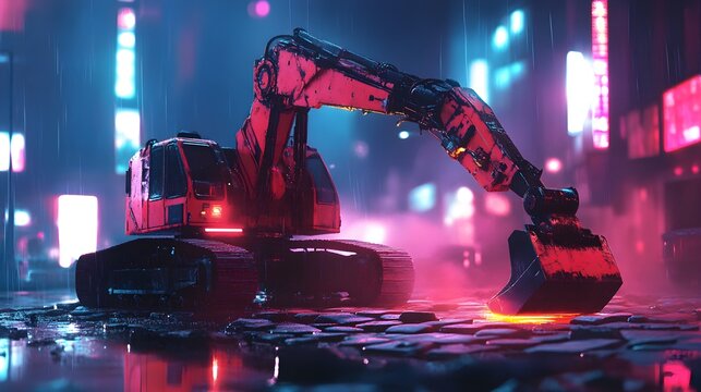 Futuristic construction robot laying cobblestones with a robotic mallet, cyberpunk style, neon lights, digital painting, high contrast, night scene
