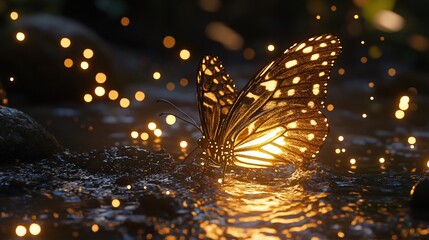 Luminous Butterfly: A magical, surreal butterfly with glowing wings rests on a dark, glistening surface, surrounded by sparkling light. A captivating image for fantasy, dreams, and nature themes. 
