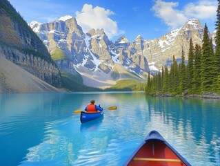Obraz premium Stunning Moraine Lake in Canada with turquoise waters, surrounded by towering mountains, lush forests, and a canoe gliding on calm waters under a clear sky, capturing nature's beauty and tranquility.