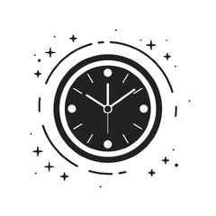 This design features a black clock surrounded by playful stars, capturing the essence of time in a stylish and modern way suitable for various creative uses, Striking Midnight holiday
