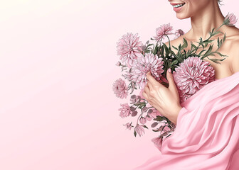 Woman embracing a bouquet of pink flowers, symbolizing warmth and the triumph of life in the fight against breast cancer,.