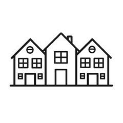 Fototapeta premium Three houses are depicted in a minimalistic black outline style, showcasing a friendly neighborhood vibe with open doors and windows on