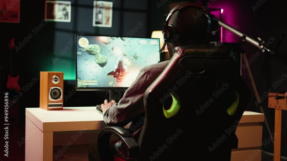 Poster player at home shooting asteroids in spaceship flying singleplayer game with overlay hud showing hea