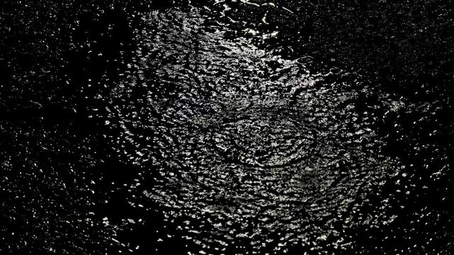Tokyo, Japan -August 27, 2024: Heavy rain falling on a pool on asphalt pavement at night
