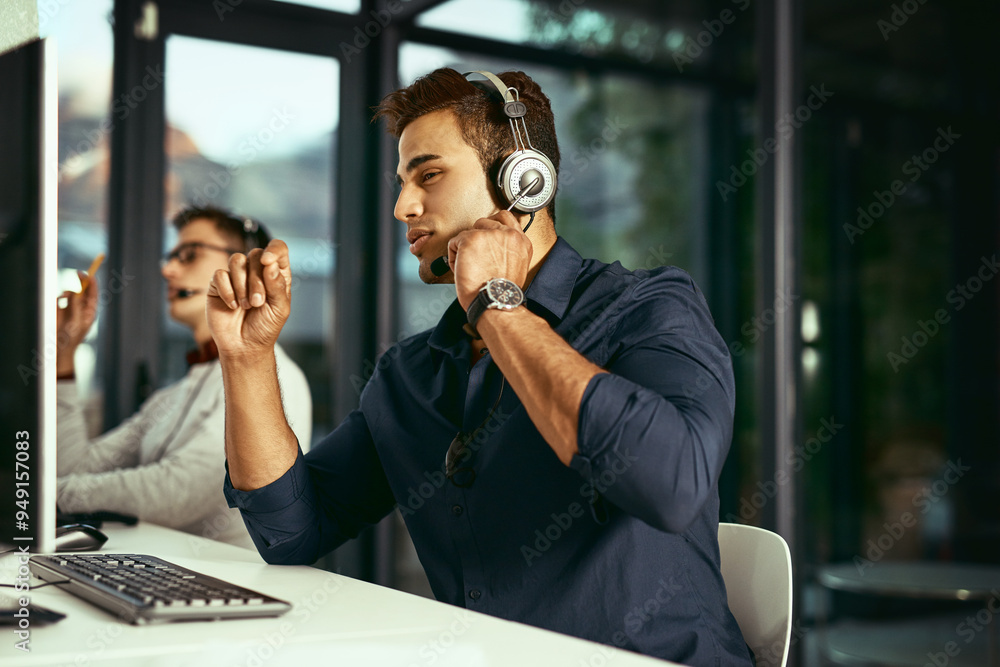 Poster man, talking and tech in call center for advice, telemarketing and customer service. agent, headset 