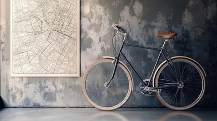 A chic bicycle leaning against a wall with a city map, side view, symbolizing urban exploration trends, advanced tone, Complementary Color Scheme