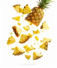 Naklejka premium A vibrant pineapple exploding into juicy chunks. This lively image captures the essence of freshness. Perfect for food blogs and marketing. Bright and eye-catching. AI
