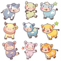 set icon of cute cartoon Cow in pastel colors, white background, vector art illustration 