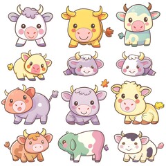 set icon of cute cartoon Cow in pastel colors, white background, vector art illustration 