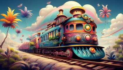 Obraz premium A whimsical and joyful illustration of a train named 'Locomotive' on the tracks, designed wi 