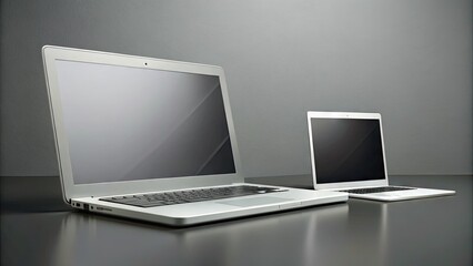 Fototapeta premium White laptop and desktop computer sit side by side on a simple gray background, highlighting their sleek designs and latest technology features.
