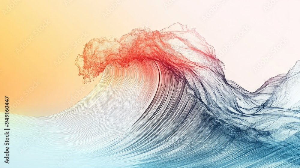 Poster abstract line drawing of a wave on a gradient background, merging simplicity with a dynamic and flui