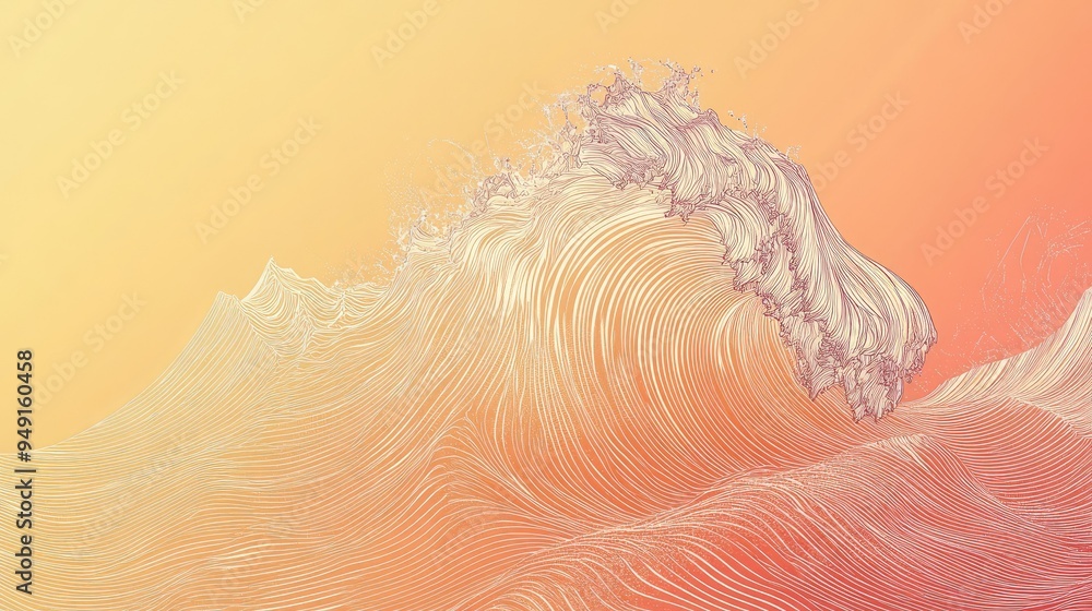Poster abstract line drawing of a wave on a gradient background, merging simplicity with a dynamic and flui