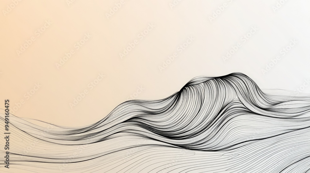 Poster abstract line drawing of a wave on a gradient background, merging simplicity with a dynamic and flui