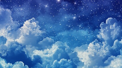 Watercolor painting texture background of night sky with clouds and stars