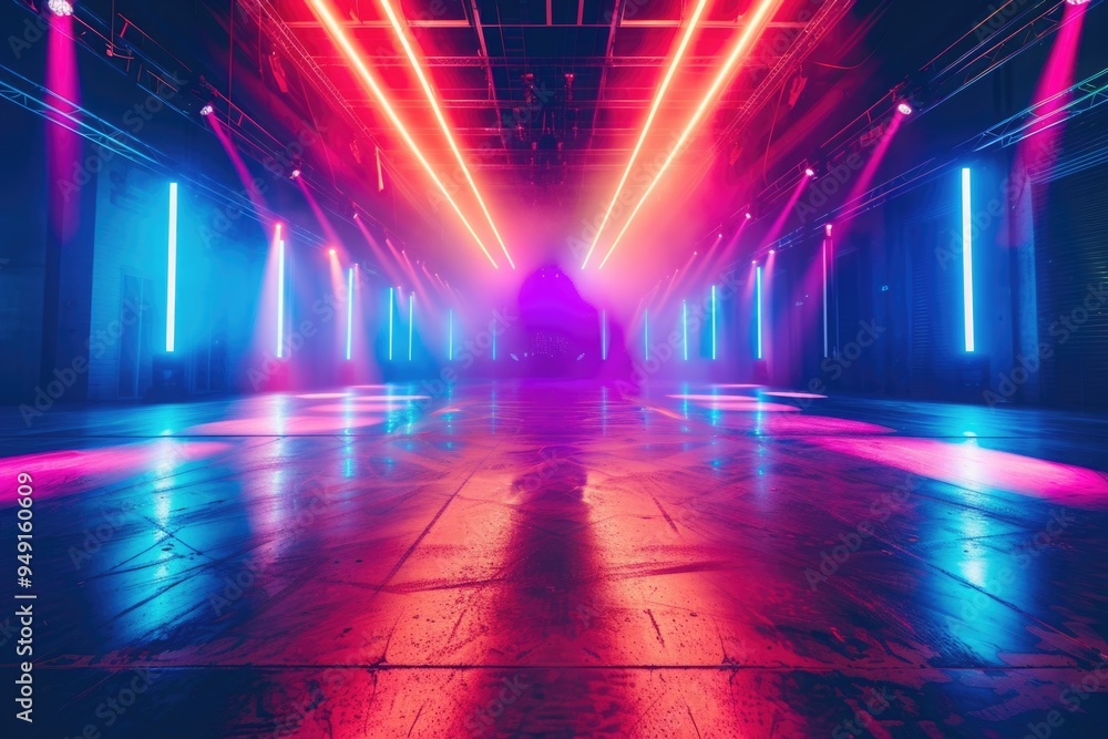 Poster A person stands in a dark room illuminated by neon lights, creating an eerie atmosphere