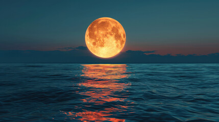 beautiful big orange moon at night, view from on the sea, ultra realistic 