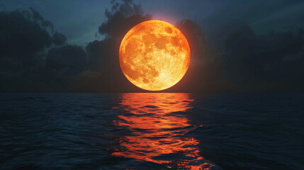 beautiful big orange moon at night, view from on the sea, ultra realistic 