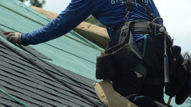 Roofer Nails Shingles of New Roof