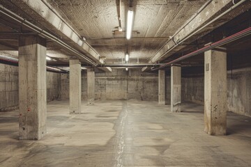 Empty underground parking garage with concrete floors and dim lighting