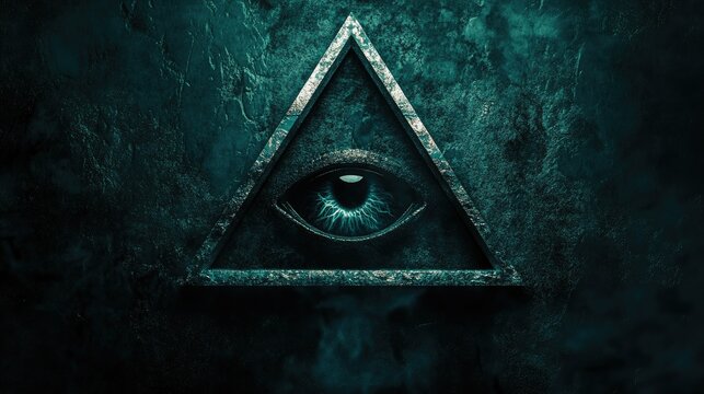 Illuminati eye symbol inside a triangle, set against a dark, mysterious background, representing secret societies and conspiracy theories.