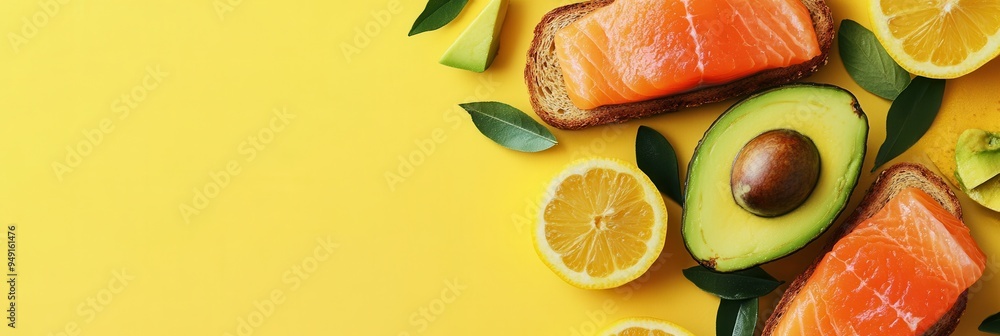 Poster a vibrant breakfast spread showcasing avocado toast topped with salmon and scattered fresh citrus sl
