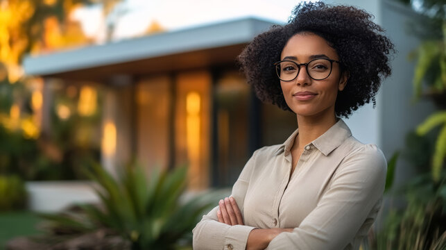 Young black American woman real estate agent standing outside a modern home, radiating expertise and approachability, ready to assist potential house buyers. 
