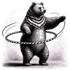 Circus bear skillfully hula hooping, captured in a detailed black and white engraving style sketch engraving illustration. Scratch board imitation. Black and white image.