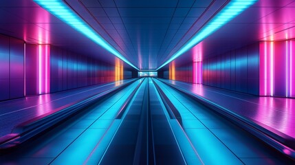 A sleek, modern baggage claim conveyor belt in a futuristic airport terminal at night, glowing neon lights