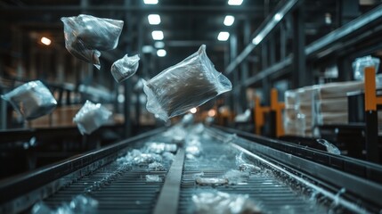 A slow-motion scene of bags dropping onto the conveyor belt, capturing the movement and sound