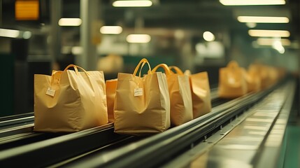 A slow-motion scene of bags dropping onto the conveyor belt, capturing the movement and sound