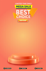 limited mega sale discount portait template banner with blank space 3d podium for social media post product sale with abstract gradient orange background design 16