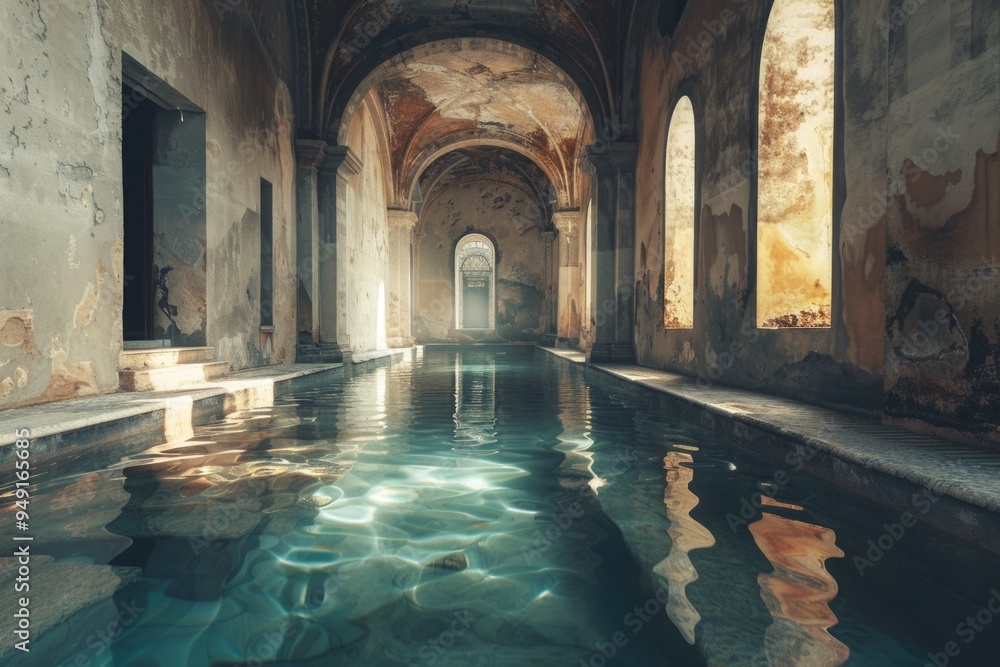 Poster A pool of water located inside a building with ornate archways, perfect for use in architectural or interior design contexts