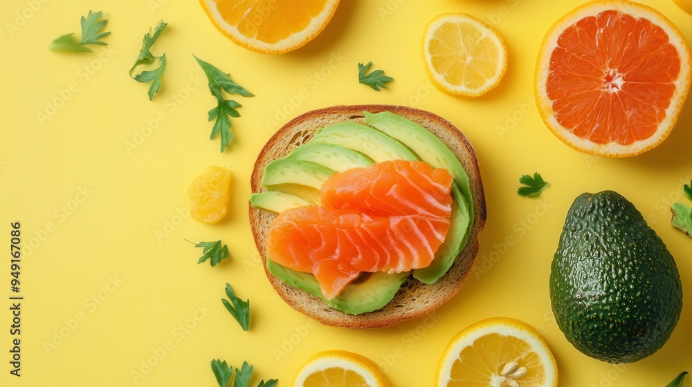 Poster a delightful breakfast spread featuring avocado toast topped with salmon, garnished with fresh citru