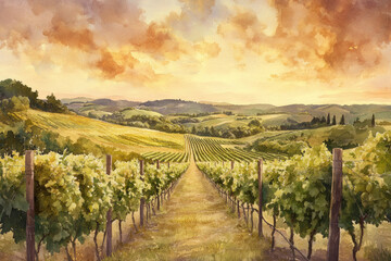 Fototapeta premium Watercolor illustration of a scenic vineyard landscape with a farmer tending to the vines, set against rolling hills under a partly cloudy sky.